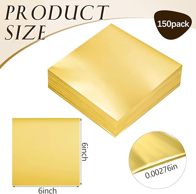 150 Packs Aluminum Metal Crafts DIY Foil 6 Inch x 6 Inch x 0.07 mm Thick for Art Project Aluminum Flashing Roll Wide Sheet Multipurpose Metal Sheets(Golden)