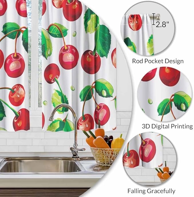 Red Cherry Kitchen Curtains Sweet Ripe Fruit Fresh Juicy Berry Short Tier Curtains for Bathroom Cafe Small Window Drapes Treatment 2 Panels (27.5x39 Inch)