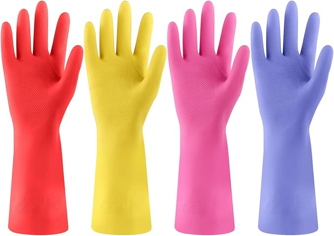 Rubber gloves for dishwashing 4 Pairs, Kitchen gloves for dish cleaning gloves, Reusable (Medium, Colorful)