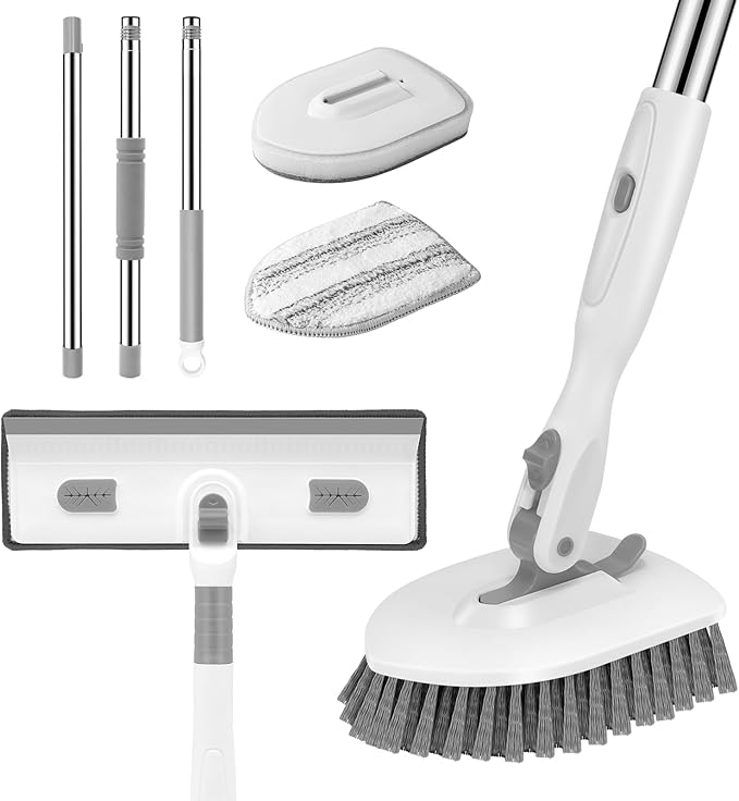 SetSail 4-in-1 Tile Tub Floor Scrubber with 52-inch Adjustable Long Handle Shower Cleaner Brush Comes with Window Scrubber and 3 Replacement Brush Heads for Cleaning Bathroom Kitchen Tub Tile, White