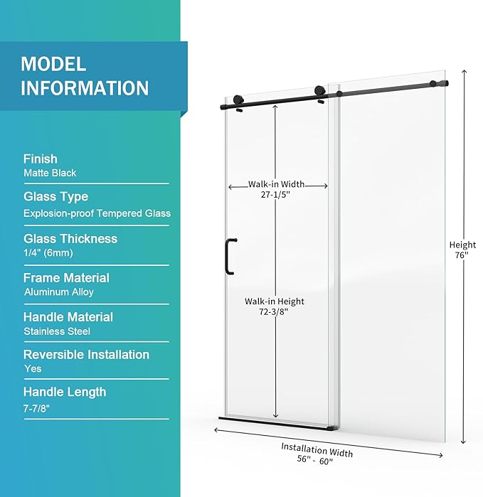 Abruzzo 76" Tall Frameless Single Sliding Shower Door - Adjustable 56" to 60" Width, 1/4" (6mm) Tempered Glass with Safety Film, Matte Black Finish for Walk-in Showers, Space Saving Design