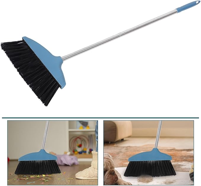 Luxshiny Soft Bristle Household Broom with Dustpan, Hair-Resistant Floor Cleaning Brush for Indoor and Outdoor Use, Blue Sweeping Tool for Home and Garage