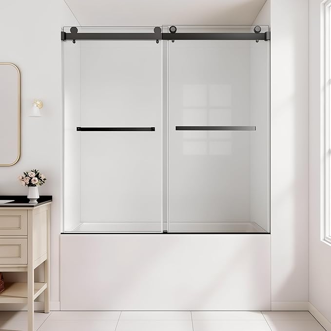 56-60"W x 60"H Frameless Bathtub Shower Door, Double Sliding Tub Shower Glass Door, 5/16" (8mm) SGCC Tempered Glass Shower Doors with Nano-Coating and Explosion-Proof Film, Easy to Clean, Matte Black