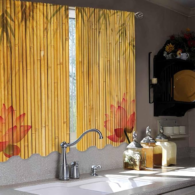 Bamboo Kitchen Curtains Pink Lotus Twigs Tree Branch Chinese Leaves Plants Short Tier Curtains for Bathroom Cafe Small Window Drapes Treatment 2 Panels (27.5x39 Inch)