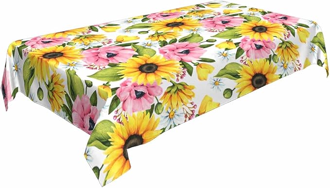 Sunflowers Yellow Table Cloth 52x70 Yellow Pink Sunflower Poppies with Leaves Tablecloth Rectangle Table for Dining Kitchen Banquet Party Decorative Outdoor Picnic