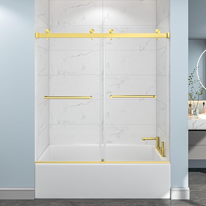 55"-60" W x 60" H Frameless Bathtub Shower Door, Double Sliding Shower Door,5/16"(8mm) Clear Tempered Glass,Easy Sliding Tub Shower Door with Explosion-Proof Film (Brushed Gold 60" Wx60 H)