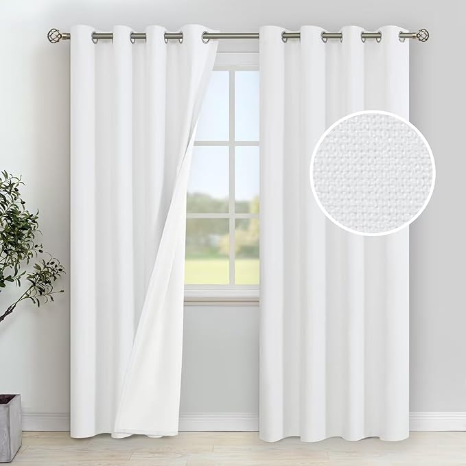 YoungsTex White Linen Blackout Curtains for Bedroom, Long Thermal Insulated Drapes with Grommet Full Room Darkening Energy Saving for Living Room, 2 Panels, 52 X 84 Inch