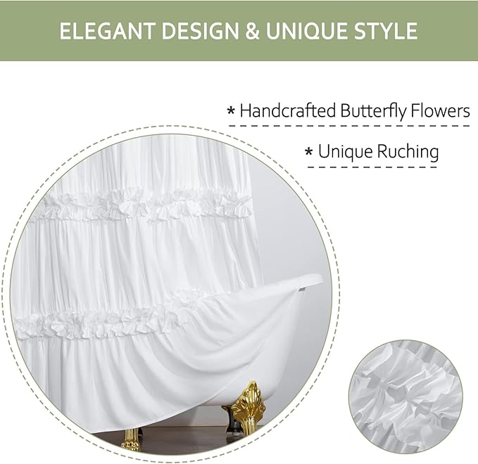 Ruffle Stall Shower Curtain, Vintage Handcrafted Bow Tie Bath Curtain for Master Bathroom, Ruched Microfiber Bathroom Curtain with 8 Buttonholes, 48" W x 72" H, White (LQ-10)