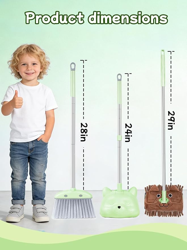 Kids Cleaning Toy 3-Piece Set - Broom, Dustpan & Mop | 28-Inch Mini Broom, Toddler Household Helper, Perfect Tool for Cleaning Tiny Corners, Adorable Cartoon Style (Green)