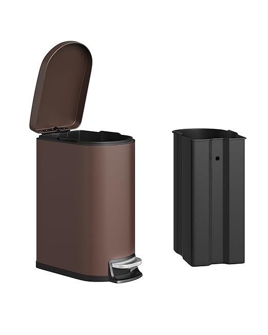 Garvee 2.6 gal / 10 L Metal Bathroom Trash Can with Lid, Slim Waterproof Garbage Can for Bedroom, Small Step-on Trash Bin with Inner Bucket, Rear Handle, Soft Close Lid, Brown