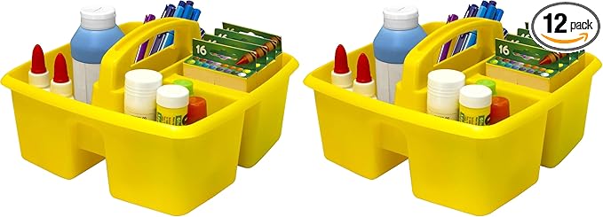 Storex 3-Compartment Small Caddy – Multipurpose Classroom Organizer with Handle, Yellow, 12-Pack (00950U06C)