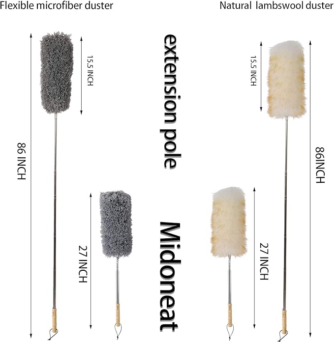 Lambswool and Microfiber Duster, 2 Counts, Long Reach/Extendable Duster Up to 86" for Cleaning High Ceiling Fan, Interior Roof, Cobweb, Keyboard, Furniture