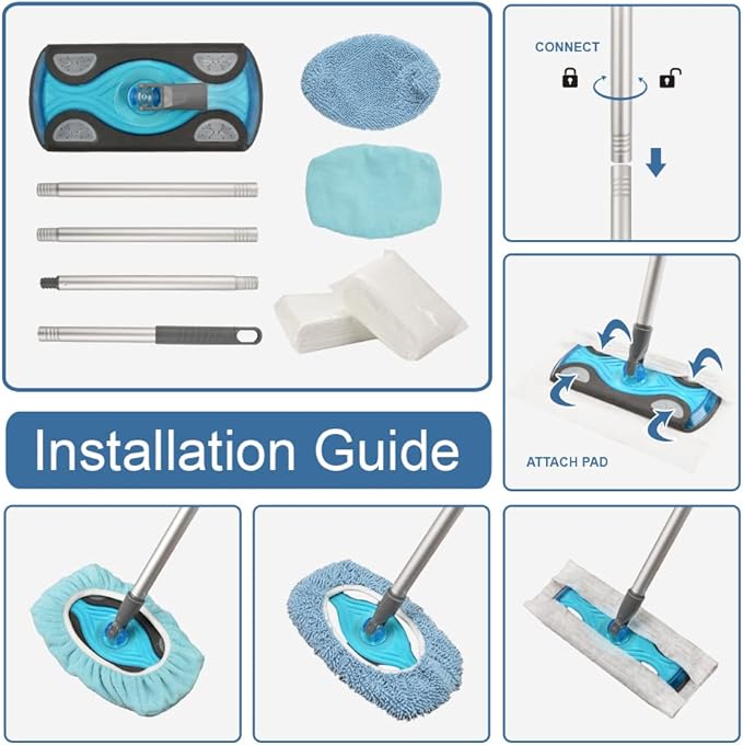 Layers Sweeper Mop Starter Kit, Small Sweeping Flat Mop with 2 Reusable Microfiber Pads,30pcs Disposable Dry Cloths, Dust Mop for Hardwood Floor Cleaning