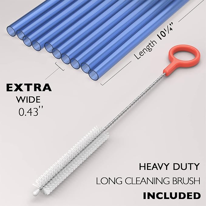 10 EXTRA WIDE Long Reusable Hard Plastic Drinking Straws + Cleaning Brush - Fat Thick Large Jumbo Straws for Smoothies and Milkshakes - Blue - Dishwasher Safe BPA Free