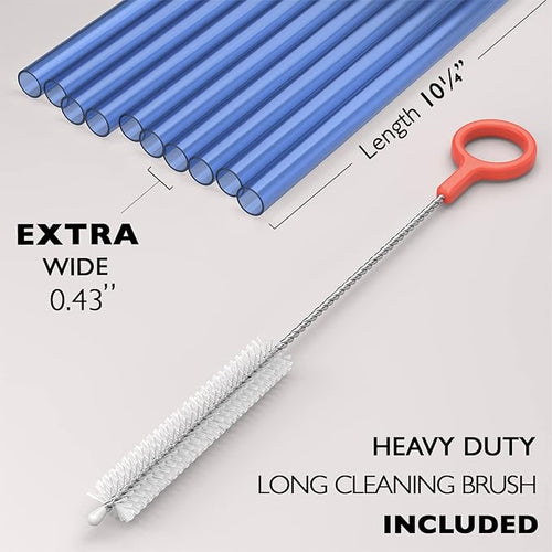 10 EXTRA WIDE Long Reusable Hard Plastic Drinking Straws + Cleaning Brush - Fat Thick Large Jumbo Straws for Smoothies and Milkshakes - Blue - Dishwasher Safe BPA Free