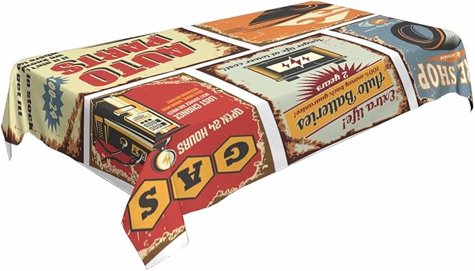 Vintage Car Tin Signs Table Linens 52x70 Old Rusty Posters Retro Auto Service Flyer Table Cloth Rectangle Table for Dining Kitchen Banquet Party Decorative Outdoor Picnic