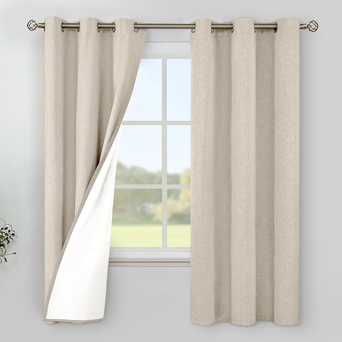 YoungsTex Oatmeal Linen 100% Blackout Curtains 63 Inch Length for Bedroom, Thermal Insulated Black Out Drapes with Grommets Privacy for Living Room Window, 2 Panels, 42 X 63 Inch