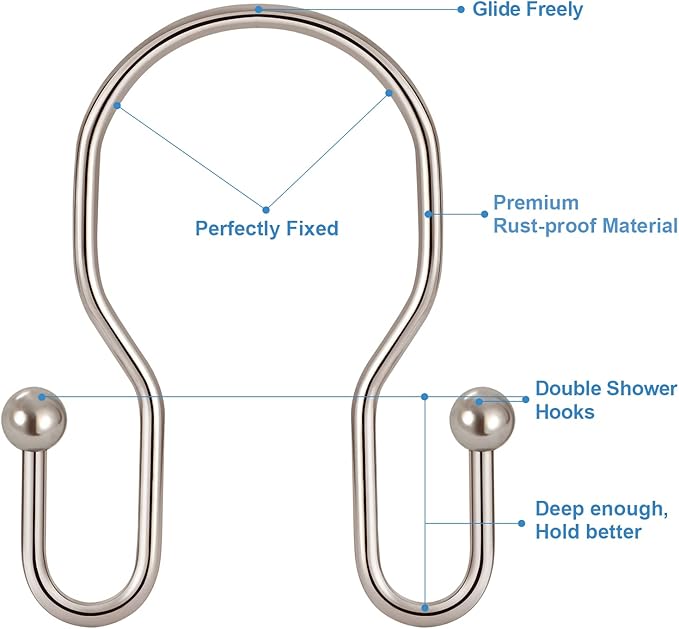 12 Pack Double Shower Curtain Hooks Rings, TENOVEL Double Sided Shower Curtain Hooks Rust Proof for Shower Curtain, Stainless Steel Bathroom Shower Hangers Rings for Shower Rods, Brushed Nickel