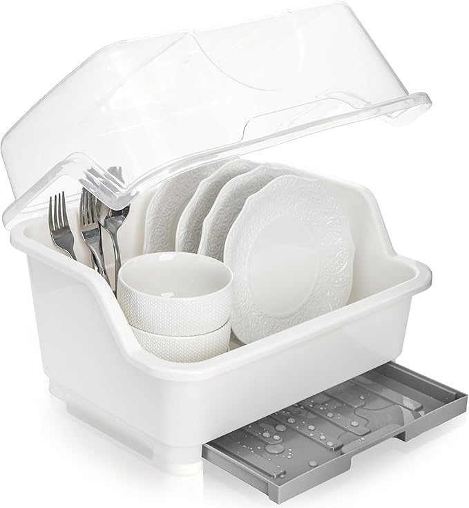 Dish Drying Rack, Plastic Plate Cup Dryer Holder with Lid Removable Drainboard, Cutlery Utensil Dish Nursing Bottle Organizer for Tableware, Kitchen Cabinet
