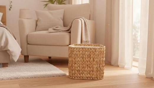 Wicker Bathroom Trash Can with Lid,Narrow Rattan Waste Basket with Removable Liner Bucket,Slim Woven Water Hyacinth Garbage Can for Bedroom,Office,Small Spaces,3 Gallon