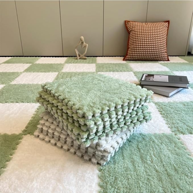 12Pcs Interlocking Carpet Tiles,12"x 12" Plush Interlocking Foam Carpet Tile with Border,Fluffy Play Mat Floor Tiles Thick Padded Squares Foam Tile for Playroom Decor (White+Pink+Purple)