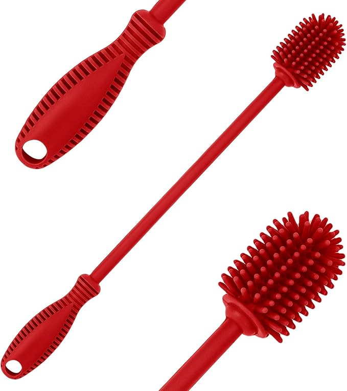 Silicone Bottle Cleaning Brush with Long Handle, BPA Free 12.5" Water Bottle Cleaner for Baby Bottles, Hydro Flask, Sports Bottle, Vase, Glassware, Perfect for Smaller Diameter Bottle Openings (Red)