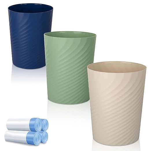 UUJOLY Bathroom Small Trash Can with Trash Bag Plastic Garbage Can Round Waste Basket for Bathrooms, Laundry Room, Kitchens, Offices, Kids Rooms, Dorms, 1.8 Gallons, 3 Pack (Blue Green Beige)