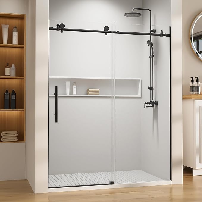 Zenith Shower Door,60 in W x 74 in H Frameless Shower Door with Handle and Seal Strip for Waterproof, 8mm Thickness Glass with Anti Explosion Film and SGCC Certificate Black