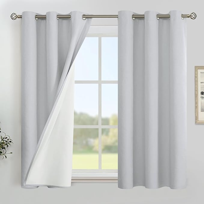 YoungsTex Linen 100% Blackout Curtains 48 Inch Length for Bedroom, Short Thermal Insulated Drapes with Grommet Heat Blocking for Living Room Window, Light Grey, 2 Panels, 42 X 48 Inch