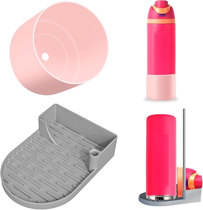 ( 2pcs)Silicone Water Bottle Boot and Bottle Drying Rack Compatible with Owala 32oz,Bottom Bumper Protector/Anti-Slip/Prevent scratches/Drying Rack Saves Space/Compatible with FreeSip Bottles,Pink
