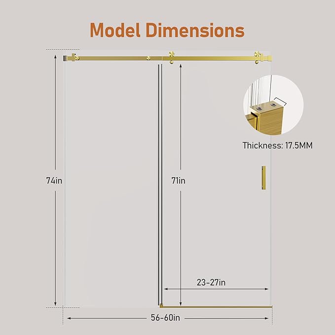 56-60 Inch Frameless Sliding Shower Door, 74" Height, 5/16" (8mm) Clear Tempered Glass, Smooth Gliding Track & Anti-Jumping System, Stainless Steel Brushed Gold Finish