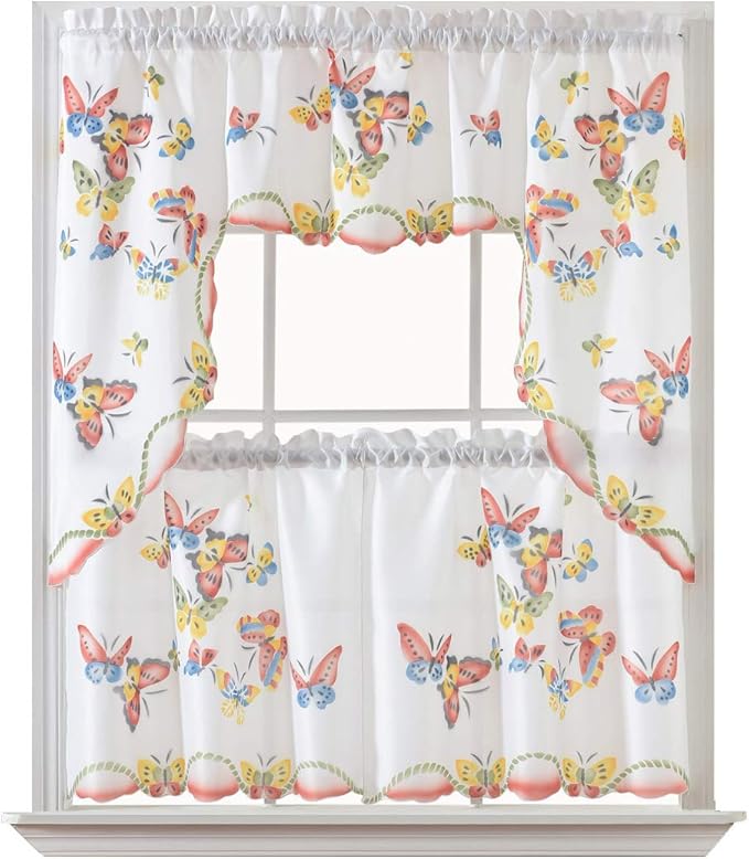 GOHD 3pcs Kitchen Curtain/Cafe Curtain Set, Farmhouse Air-Brushed by Hand of Flying Butterfly Design. (Swag and 24 inches Tiers Set)