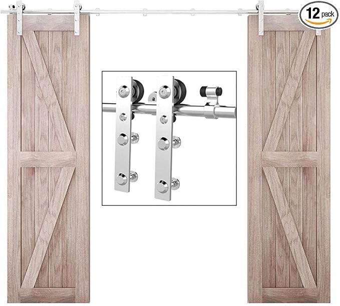 TSMST 6FT Sliding Barn Door Hardware Kit, Stainless Steel Heavy Duty Sturdy Barn Door Track for Double Wood Door, Slide Smoothly Quietly (L Style)