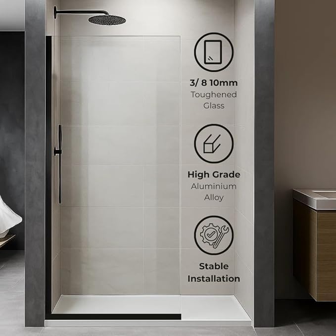 Yana Frameless Shower Door Screen, Fixed Shower Door Panels 3/8" Thick Tempered Glass, Water Repellent, Reversible Shower Wall Panel with Matte Black Finish 30" x 76"