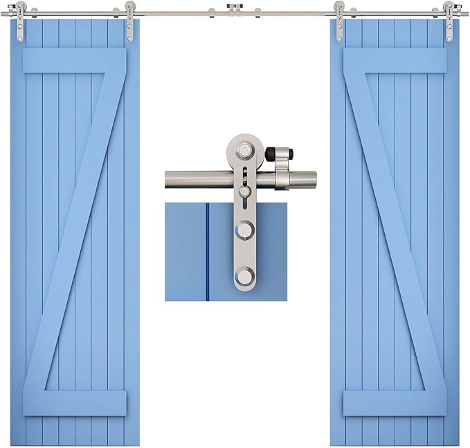 TSMST 11FT Sliding Barn Door Hardware Kit, Stainless Steel Heavy Duty Sturdy Barn Door Track for Double Wood Door, Slide Smoothly Quietly (I Style)