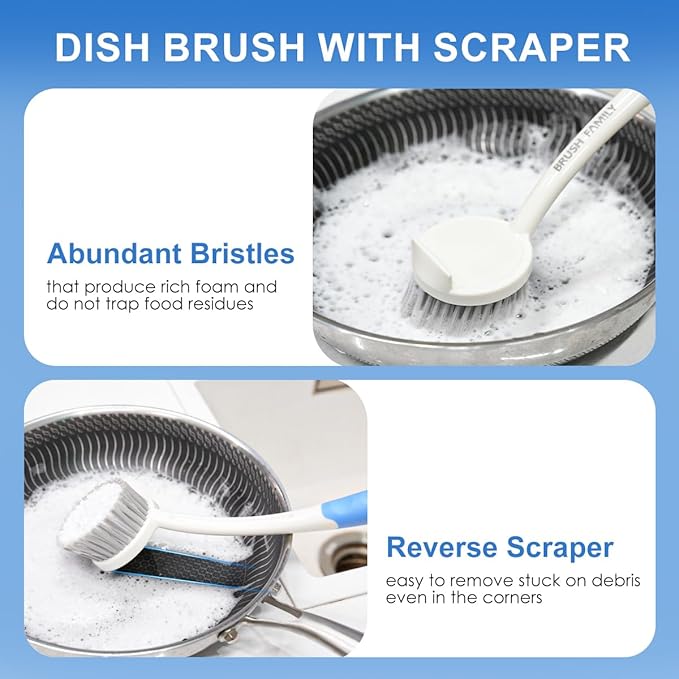 2 Pack Kitchen Scrub Brush, 2 in 1 Water Bottle Brush with Removable Straw Cleaner Dish Scrub Brush with Scraper Tip for Dishes, Pans, Bottle, Cups, Pot, Sink