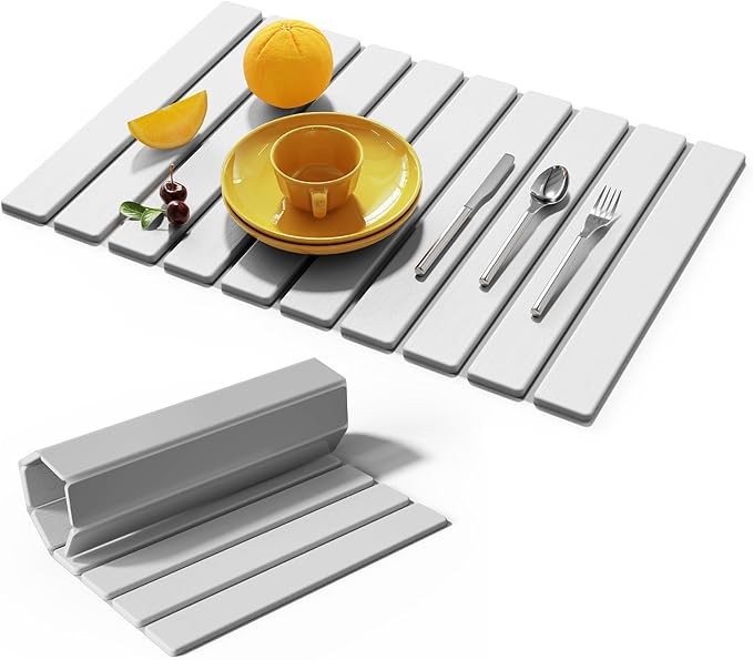 Stone Dish Drying Mats for Kitchen Counter-23.6“x 15.3”Eco-Friendly,Foldable quick dry stone mat kitchen,Absorbent Diatomaceous Earth Mats for Dishes Bottles Cups Bathroom Any Countertop-Light Gray