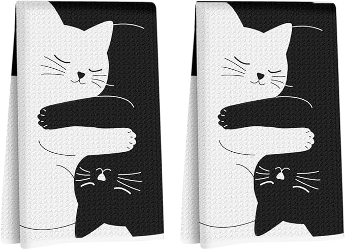 Hanamiya Na 2 Pcs Cute Cat Kitchen Towels 24x14 Inch, Cats Gifts Reusable Dish Towels for Kitchen Home Bathroom Decor, Waffle Weave Hand Cloth Tea Towel, Gifts for Cat Lovers Women Friend Girls