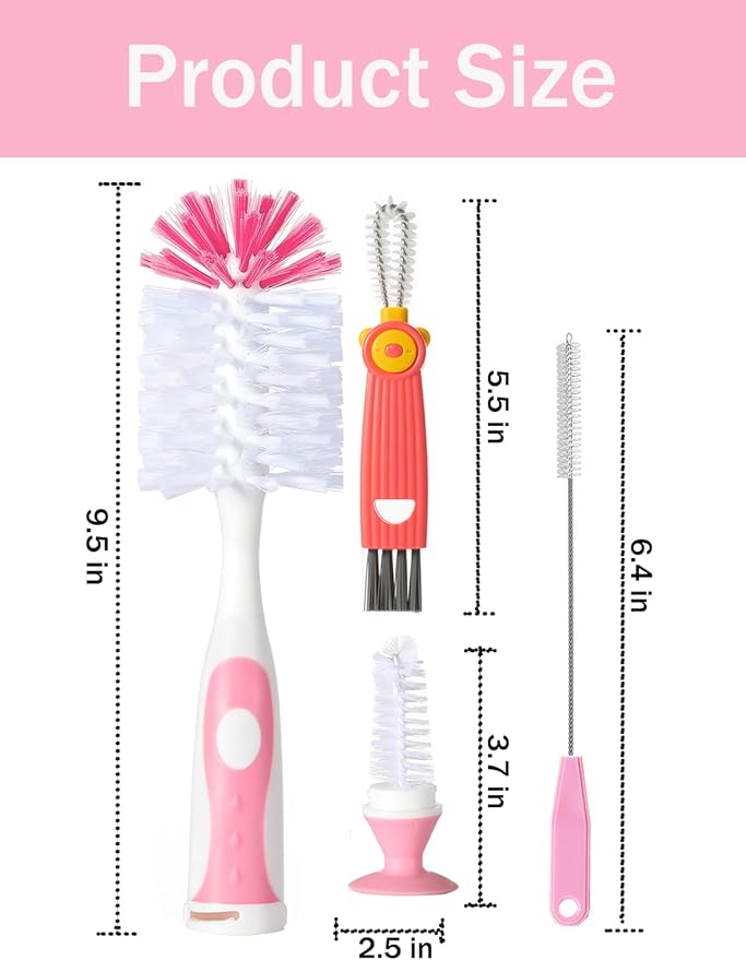 5 in 1 Baby Bottle Brush Set, Bottle Cleaner, 2Pcs Bottle Brush with Stand, 2 Hidden Nipple Brush, 2 Straw Brush, 1 Lid Brush, Nylon Bottles Brush Cleaner for Baby Bottle, BPA-Free(Pink)