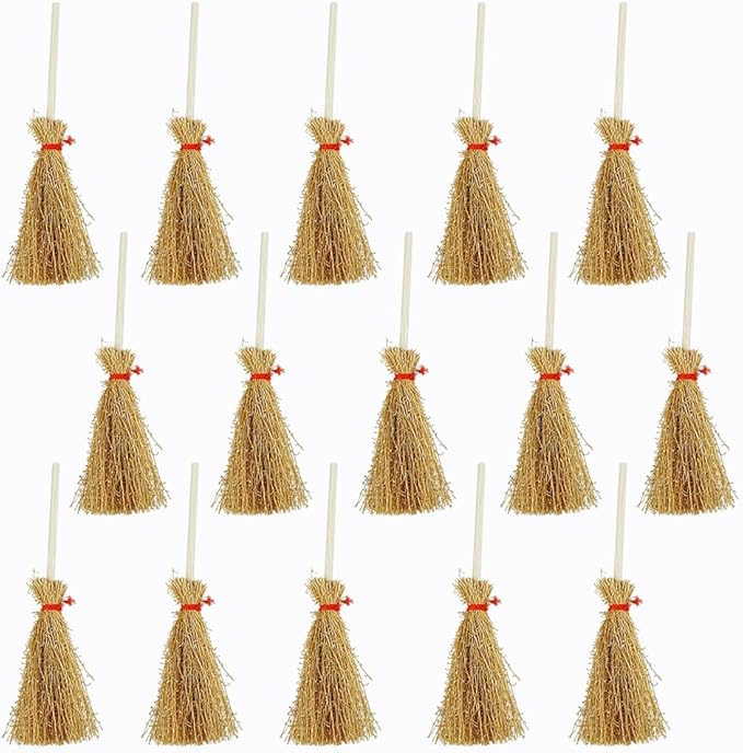 15 PCS Mini Straw Brooms Artificial Miniature Craft Witch Broom with Red Ropes for Hanging Halloween Party Decorative Accessory