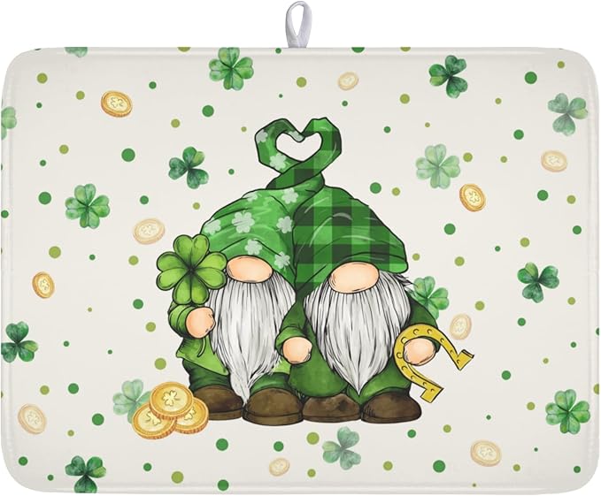 St Patrick's Day Gnome Dish Drying Mat for Kitchen Counter,Inch Lucky Shamrock Gold Coin Drying Mat 18 x 24 Inch with Absorbent Reversible Microfiber Dish Drying Pad for Coffee Bar
