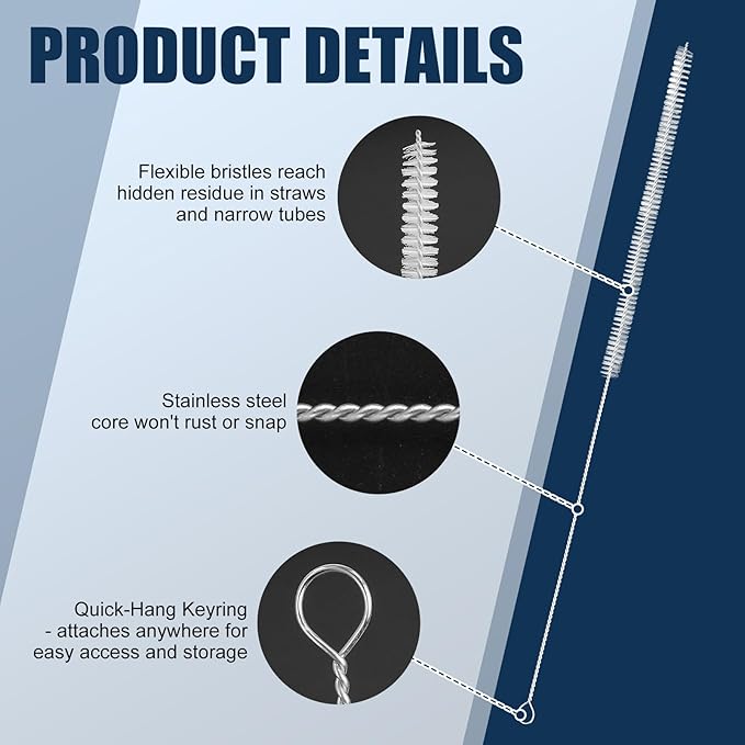 Podoy Straw Brush Pipe Cleaner with 18" Long White Nylon Bristle Wire Stainless Steel Cleaning Pipe Straw Brush (Pack of 2)