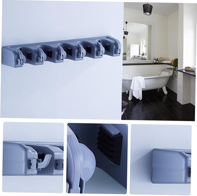 Cabilock Multi-purpose Wall Mounted Mop Holder with Friction Grips and Hooks Space-saving Tool Storage Rack for Bathroom Kitchen Garage and Garden Organization