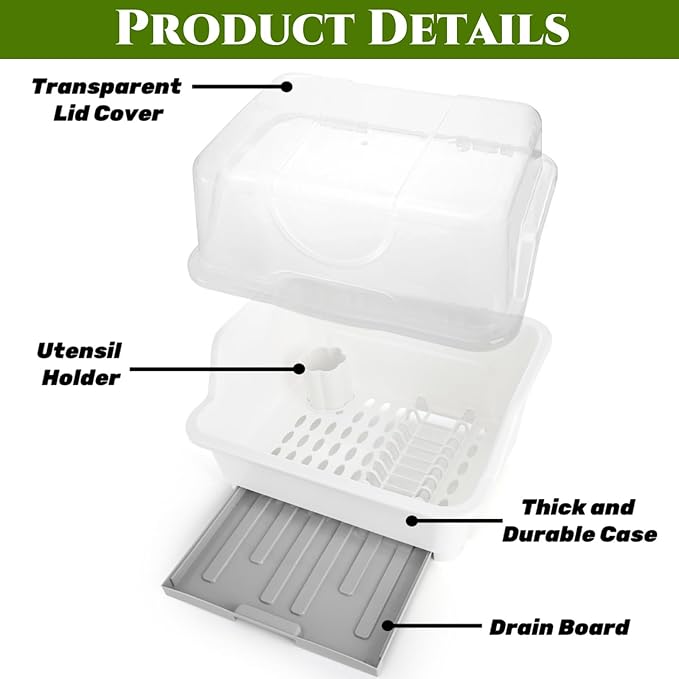 Dish Drying Rack, Plastic Plate Cup Dryer Holder with Lid Removable Drainboard, Cutlery Utensil Dish Nursing Bottle Organizer for Tableware, Kitchen Cabinet