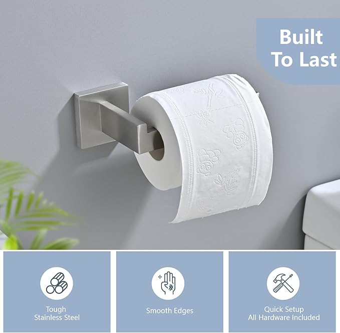 3PCS Bathroom Hardware Set, Brushed Nickel Toilet Paper Holder, 2 Square Towel Robe Hooks, SUS 304 Stainless Steel, Wall Mounted, Modern, Rust‑Resistant (Silvery)