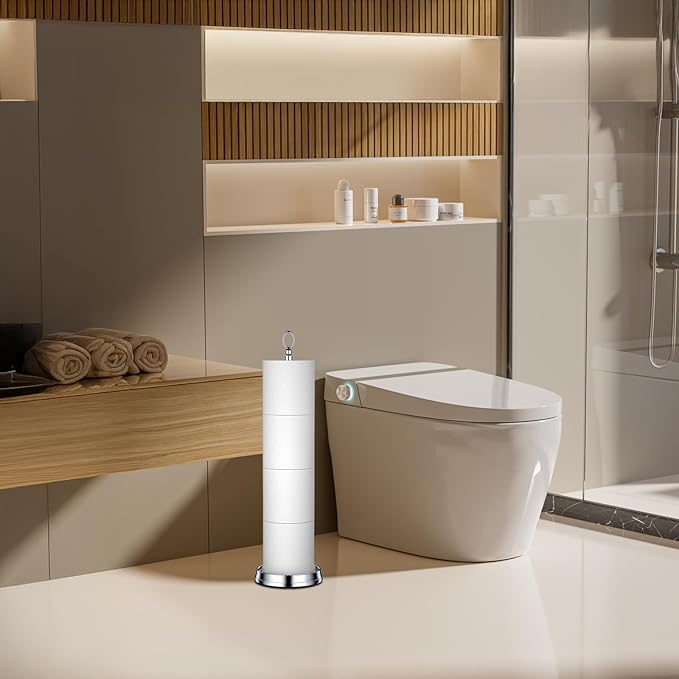 Heavy Weighted Toilet Paper Holder (with Reserve Function) Free Standing Toilet Paper Storage，Spare Toilet Paper Roll Holder Storage Stand for Bathroom Total Height 22.5" ，Chrome