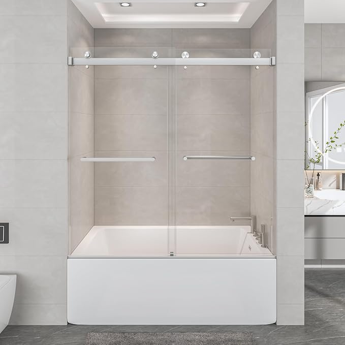 55"-60" W x 60" H Frameless Bathtub Shower Door, Double Sliding Shower Door,5/16"(8mm) Clear Tempered Glass,Easy Sliding Tub Shower Door with Explosion-Proof Film (Brushed Nickel 60" Wx60 H)