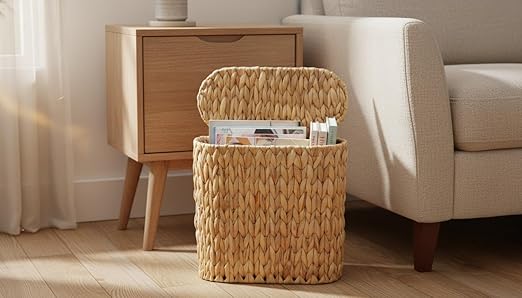 Wicker Bathroom Trash Can with Lid,Narrow Rattan Waste Basket with Removable Liner Bucket,Slim Woven Water Hyacinth Garbage Can for Bedroom,Office,Small Spaces,3 Gallon