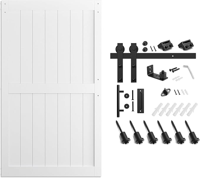 SmartStandard 48 x 80 inch White Sliding MDF Barn Door with 8FT Black Sliding Door Hardware Kit & Handle, Pre-Drilled Ready to Assemble, Waterproof PVC Coating, H-Frame