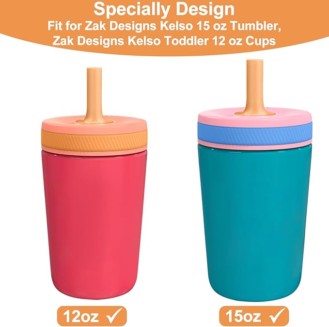 XANGNIER Replacement Straws and Bite Valve Compatible with Zak Designs Kelso 15 oz Tumbler Water Bottle,4 Pcs Silicone Straws with Cleaning Brush for Zak Designs Kelso 12 oz Cups,Deep Orange